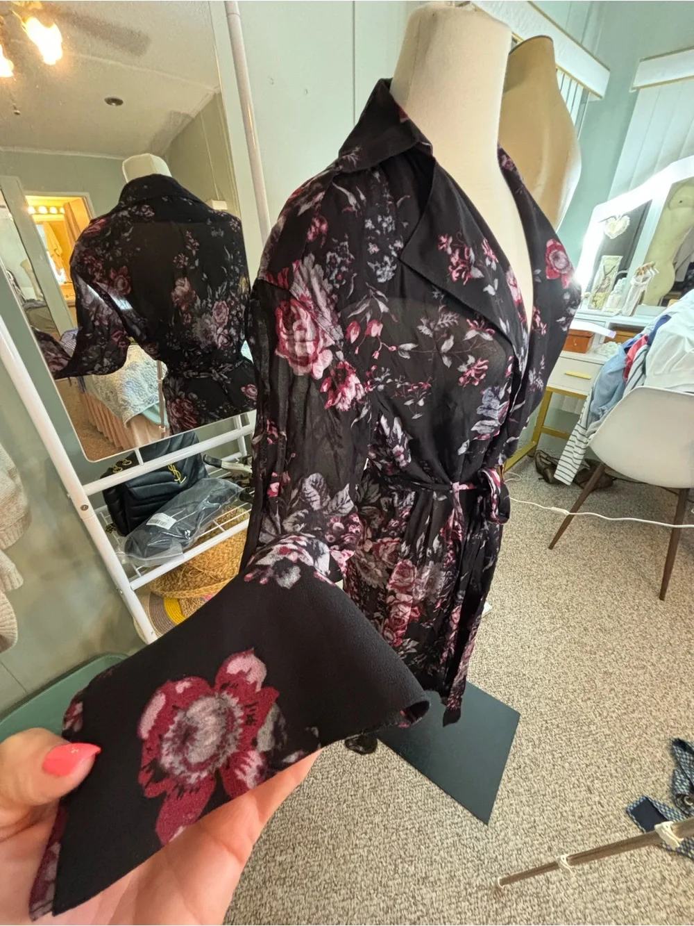 Leith Black Floral Satin Wrap Robe with Plum Accents